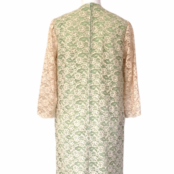 Vintage 60's Cream Lace Over Green Shift Dress Medium - Picture 6 of 13